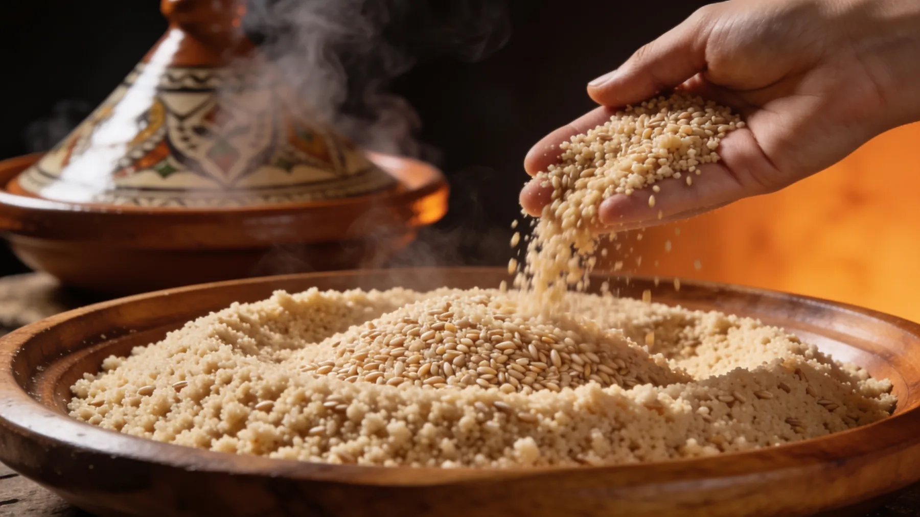 Un grand plat de couscous de mil aux grains fins et bruns, égrené à la main.
