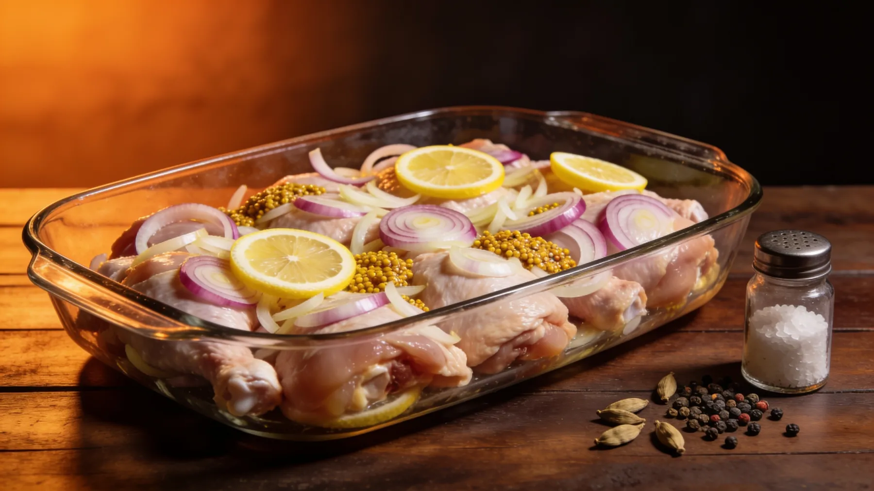 Des morceaux de poulet dans un plat en verre, recouverts d'oignons émincés et de rondelles de citron.