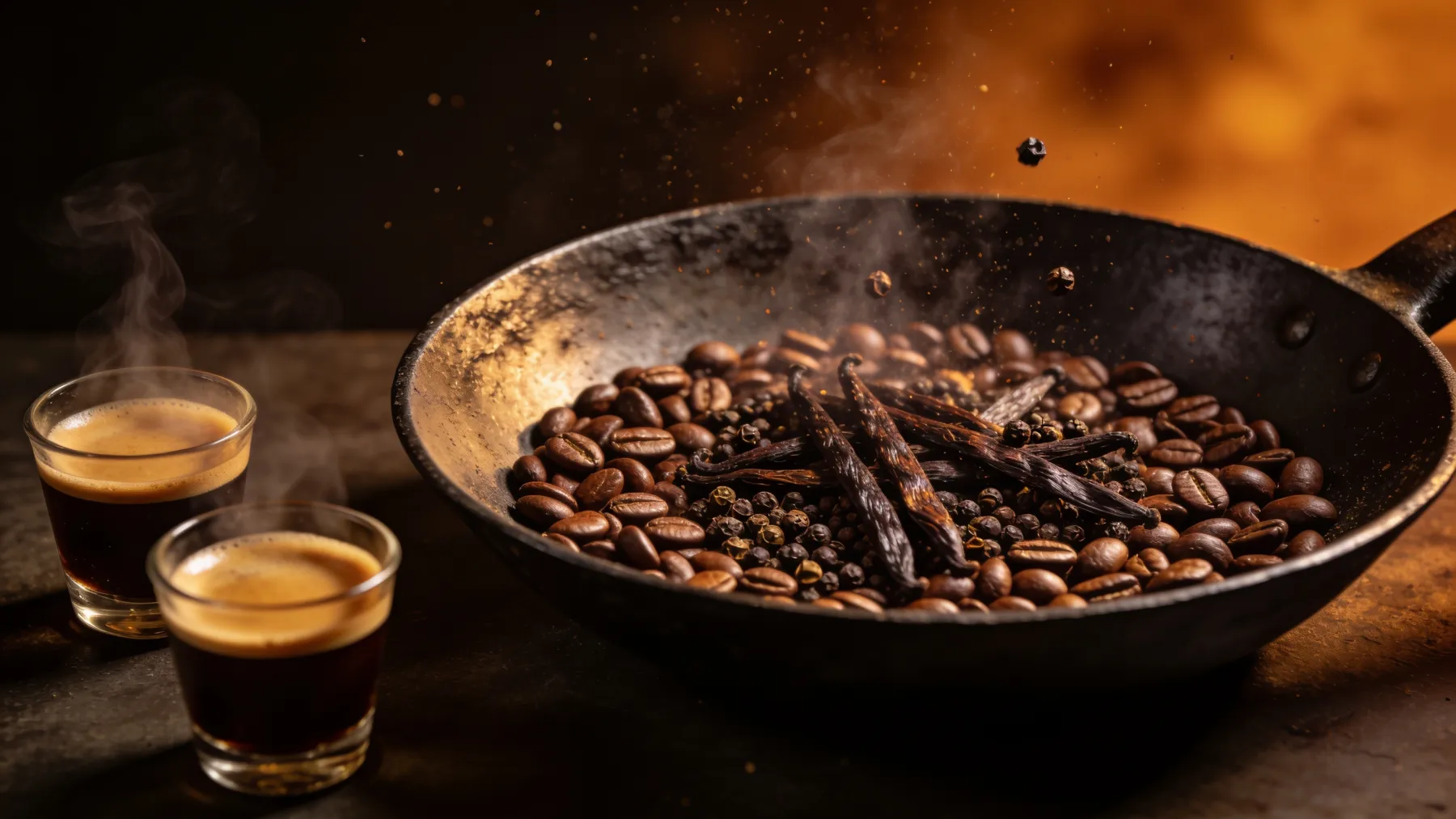 Des grains de café torréfiés mélangés à des gousses de poivre de Selim dans une poêle en fonte.