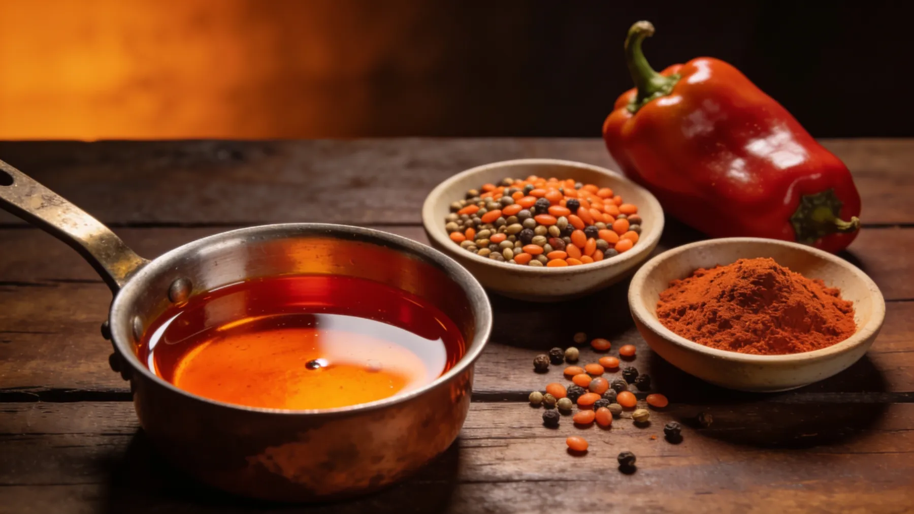 Une petite casserole d'huile teintée de rouge à côté de graines de roucou et de paprika.